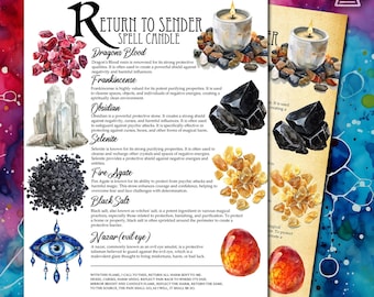 May include: A printed page with the text "Return to Sender Spell Candle" and descriptions of various crystals and ingredients. Includes images of Dragon's Blood, Frankincense, Obsidian, Selenite, Fire Agate, Black Salt, and Nazar (evil eye).