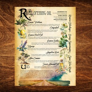 May include: A vintage-style illustration of a road opening oil recipe with herbs and flowers. The text includes "Road Opening Oil", "Remove Blockages", "Bring Opportunities", "Open New Roads", and "Uses".