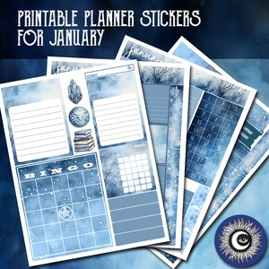 Januar 2024 Druckbare Planer Aufkleber - Vier Seiten in der Größe 8,5x11 Letter - Tracker Bingo, Mondphasen, Sternzeichen Aufkleber Digitale PDF Dateien