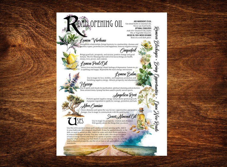 May include: A watercolor illustration of herbs and flowers with their names and uses for a road opening oil blend. The text reads "Road Opening Oil" and "Remove Blockages, Bring Opportunities, Open New Roads".