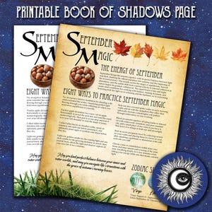 以下が含まれることがあります： 「September Magic」と題された印刷可能な影の書（Book of Shadows）のページ。秋分のエネルギー、8つの実践方法、星座に関するテキストが記載されています。羊皮紙風の紙には、どんぐりのボウル、カエデの葉、太陽と月のグラフィックが描かれています。