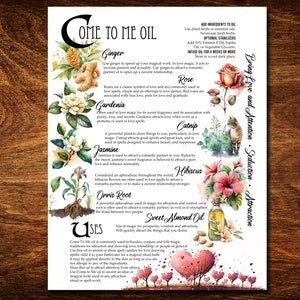 May include: A watercolor illustration of a guide to making "Come to Me Oil" with a list of ingredients and their uses in love magic. The ingredients include ginger, rose, gardenia, catnip, jasmine, hibiscus, orris root, and sweet almond oil. The illustration features a variety of flowers, herbs, and a cat.