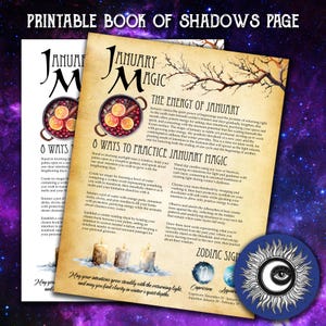 May include: A printable Book of Shadows page with the title "January Magic." The page features text about the energy of January and 6 ways to practice January magic. A circular blue sticker with a sun and moon design is in the lower right corner.