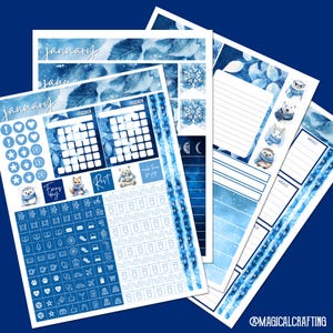 Januar 2025 Druckbare Planner Aufkleber - Vier Seiten in der Größe 8,5x11 Letter - Tracker Bingo, Mondphasen, Sternzeichen Aufkleber Digitale PDF Dateien