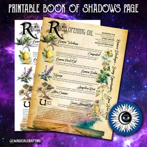 May include: A printable book of shadows page with a vintage aesthetic. The page features a list of herbs and their magical properties, including lemon verbena, cinquefoil, lemon peel oil, lemon balm, hyssop, angelica root, abre camino, and sweet almond oil. The page also includes instructions for making road opening oil, which is used to remove blockages, bring opportunities, and open new roads.