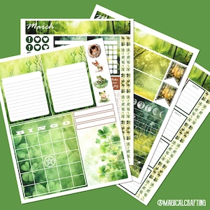 März 2025 Druckbare Planner Aufkleber - Vier Seiten in der Größe 8,5x11 Letter - Tracker Bingo, Mondphasen, Tarot Aufkleber - Digitale PDF Dateien