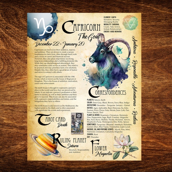 Capricorn Book of Shadows Printable Page Capricorn Zodiac- Digital Printable Grimoire Page - Astrology