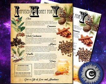 May include: Printable Book of Shadows page with a list of herbs and spices to infuse honey for Yule. The herbs and spices are clove, cinnamon, black cardamom, allspice, vanilla, and honey. The page has a background of stars and a sun with an eye in the center.