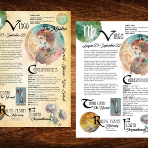 May include: A watercolor illustration of the astrological sign Virgo, with the text "Virgo, The Maiden, August 23 - September 22, Practical, Efficient, Wise, Critical."  The illustration includes a woman with long brown hair, a flower, and a tarot card.