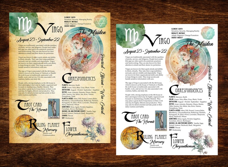 May include: A watercolor illustration of the astrological sign Virgo, with the text "Virgo, The Maiden, August 23 - September 22, Practical, Efficient, Wise, Critical."  The illustration includes a woman with long brown hair, a flower, and a tarot card.