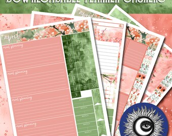 May include: Printable planner stickers for April featuring a floral design in shades of pink and green. The stickers include a calendar, meal planning sections, and "watch" labels.