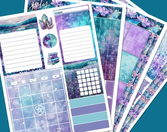 Juli Planner Stickers – Akvarellspårare, Månfaser (Digital PDF)