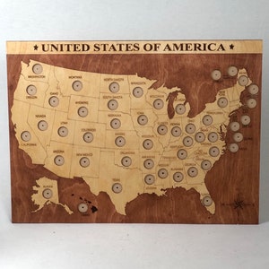 Mapa trimestral de madeira dos 50 estados dos EUA, exibição de moedas trimestrais, coleção de moedas, colecionadores, mapa trimestral dos estados, decoração de parede