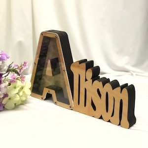 Nombre de madera Personalizar carta Coin Piggy Bank, Banco de monedas, Banco de dinero, Banco de dinero de regalo personalizado,