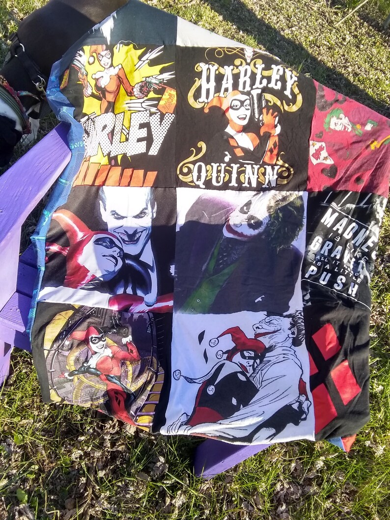 Dc Comics Batman Harley Quinn And Joker Mad Love Upcycled T Shirt Blanket