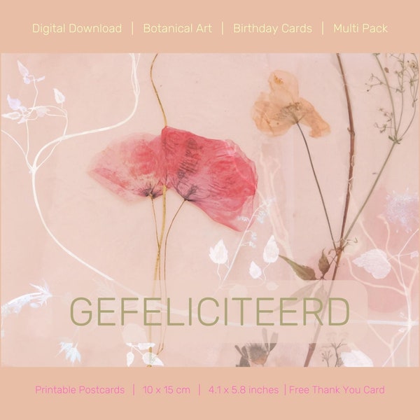 Gefeliciteerd, Digitale verjaardagskaart, Wenskaart verjaardag, Tarjeta de felicitación descargable, Fijne Verjaardag, Gefeliciteerd, Arte Botánico