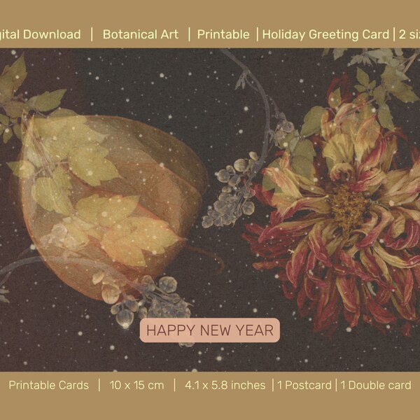 New Years card Digital download, Happy Holidays card, Card 2023, Downloadable holiday card, New years Greeting Card, floral postcard A6