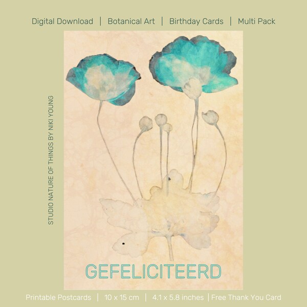 Gefeliciteerd, Digitale verjaardagskaart, Wenskaart verjaardag, Tarjeta de felicitación descargable, Fijne Verjaardag, Arte Botánico