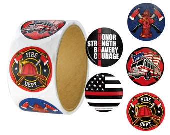 May include: A roll of round stickers featuring fire department-themed designs. The stickers include images of fire trucks, axes, fire helmets, and the American flag. Some stickers have the words "HONOR STRENGTH BRAVERY COURAGE".