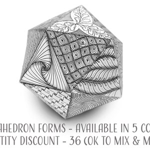 May include: A black and white icosahedron form with intricate geometric patterns. The text "ICOSAHEDRON FORMS - AVAILABLE IN 5 COLORS QUANTITY DISCOUNT - 36 (OK TO MIX & MATCH)" is printed below the form.