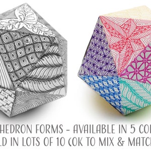 May include: Two icosahedron forms, one black and white and one with colorful patterns, are shown on a white background. The text "ICOSAHEDRON FORMS - AVAILABLE IN 5 COLORS SOLD IN LOTS OF 10 (OK TO MIX & MATCH)" is below the images.