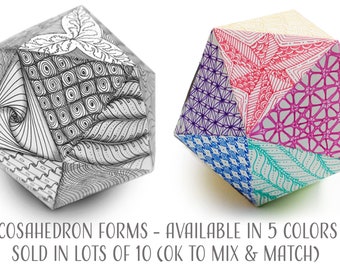 Die Cut Icosahedron Polyhedron Forms perforated with interlocking tabs for decorating, patterning and coloring
