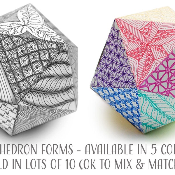 Die Cut Icosahedron Polyhedron Forms perforated with interlocking tabs for decorating, patterning and coloring