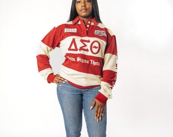 Delta Sigma Theta Crimson and Cream Long Sleeve Rugby Polo