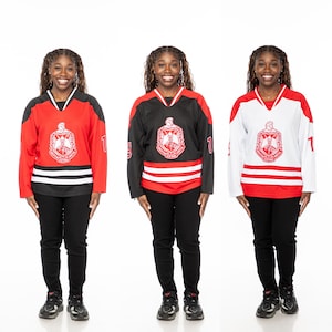 Maglia da hockey con stemma ricamato Delta Sigma Theta, disponibile in 3 colori: nero, bianco o rosso.