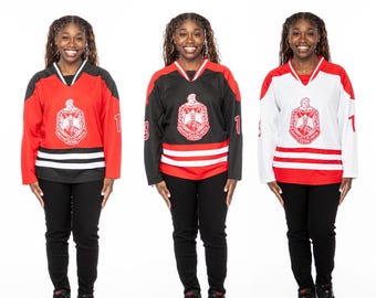 Delta Sigma Theta Embroidery Crest Hockey Jersey, Comes in 3 Colors: Black, White, Or Red