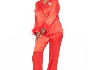 Delta Sigma Theta Sorority  Silk Shirt and Pants Pajama Set with Ostrich Feathers- CLOSEOUT ITEM- Medium Only  Will not be restocking