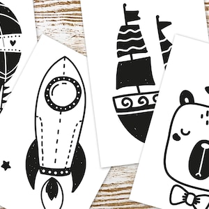 Wunderliche kontrastreiche Babykarten, druckbare Baby Kunstkarten, visuelle Stimulationskarten, schwarzweiße Neugeborene Monochrome Rakete Space Whimsy