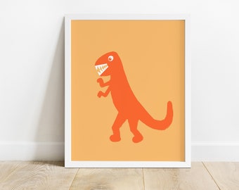 T-Rex Nursery Art Print, Orange Dinosaur Decor (Digital Download)