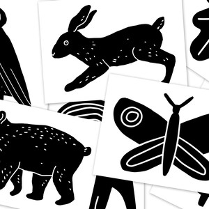 Woodland High Contrast Baby Cards, Printable Baby Art Cards, Visual Stimulation Cards, Black & White Newborn Monochrome Forest Animals