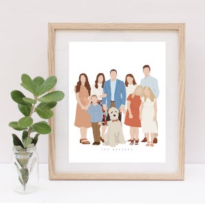 Puede incluir: Una ilustraci&oacute;n digital de un retrato familiar con siete personas y un perro. La familia est&aacute; de pie en fila, con los padres en el centro y los ni&ntilde;os a cada lado. El perro est&aacute; sentado frente a la familia. La familia lleva ropa informal y el perro es blanco con una pajarita roja. El texto "THE DECKERS" est&aacute; en la parte inferior de la ilustraci&oacute;n.