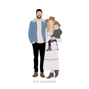 Puede incluir: Una ilustraci&oacute;n de un retrato familiar que muestra a un hombre con una chaqueta vaquera azul, una mujer con un vestido blanco con rayas marrones y un sombrero marr&oacute;n, y un ni&ntilde;o con una camisa gris. El texto "THE SANDERS" est&aacute; debajo de la ilustraci&oacute;n.
