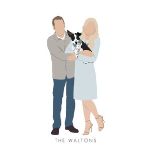 Puede incluir: Una pareja posa para una foto con su perro. El hombre lleva una camisa marr&oacute;n claro y pantalones vaqueros azules. La mujer lleva un vestido azul claro. El perro es negro y blanco con una pajarita azul.