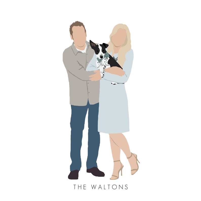 Puede incluir: Una pareja posa para una foto con su perro. El hombre lleva una camisa marr&oacute;n claro y pantalones vaqueros azules. La mujer lleva un vestido azul claro. El perro es negro y blanco con una pajarita azul.