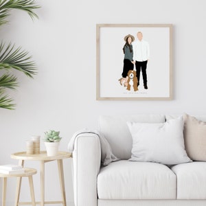 Puede incluir: Una ilustraci&oacute;n enmarcada de una pareja y su perro. La pareja est&aacute; de pie juntos, la mujer lleva un sombrero y un vestido largo, el hombre lleva una camisa blanca y pantalones. El perro es marr&oacute;n y blanco y est&aacute; sentado frente a la pareja. El marco es de madera clara y tiene un paspart&uacute; blanco.