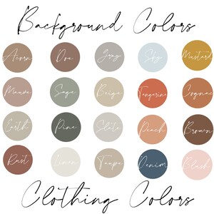 Puede incluir: Una tabla de muestras de color con el t&iacute;tulo "Colores de fondo" y "Colores de ropa". Las muestras de color est&aacute;n dispuestas en una cuadr&iacute;cula de cuatro filas y cinco columnas. Los colores incluyen: bellota, cierva, alegr&iacute;a, cielo, mostaza, malva, salvia, beige, mandarina, co&ntilde;ac, tierra, pino, pizarra, melocot&oacute;n, marr&oacute;n, &oacute;xido, lino, topo, vaquero y rubor.