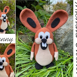 May include: A crocheted bunny toy with large, brown ears with black accents, a tan body, and a smiling face. The word "Bunny" is written in cursive. The toy is set against a natural background.