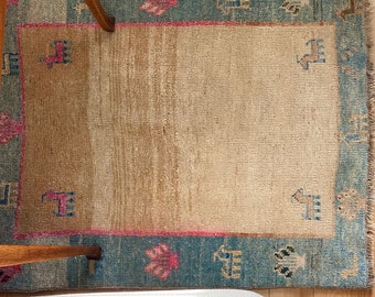 Vintage accent Rug, 3’6”*2’11”ft, soft Blue handknotted rug, large living room rug