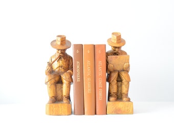 Vintage hand carved wood figurine of man with pipe, man with book, Bookends,table decor