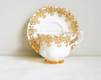 Taza de té Royal Albert y platillo en oro blanco, porcelana vintage inglesa de hueso fino (1960-1963). Especial Tasse England-Anniversary