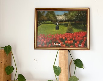 Vintage oil painting with frame-Tulip garden art- Red tulip in front yard in oil on canvas-Wall hanging oil painting