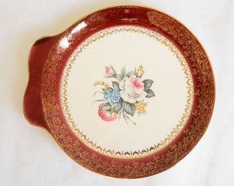 Vintage Burgunder dekorativer Servierteller Tudor Rose -Cabinet Plate-Made in USA-Georgian China-23K Gold-Antike Dekor Waschtischplatte