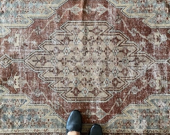 Antique area Rug, 3’4”*6’4”ft, soft red handknotted rug, large living room rug