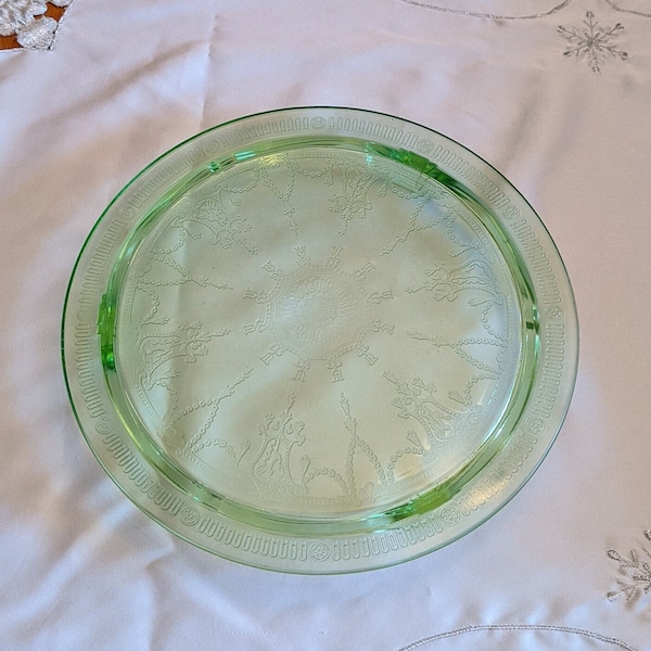 Uranium depression glass cake plate, Cameo pattern in green, 1930s vintage
