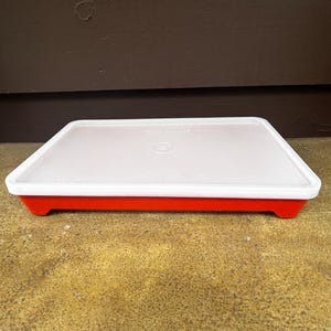 Puede incluir: Un recipiente de almacenamiento rectangular con una base de color rojo vibrante y una tapa blanca translúcida. La tapa presenta un logotipo circular centrado y un borde elevado, mientras que la base tiene un fondo plano y lados rectos.
