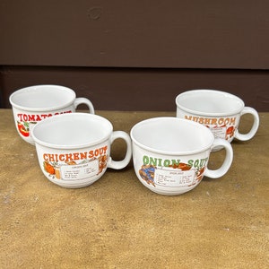 soup bowls mugs, set of 4, vintage bilingual recipe